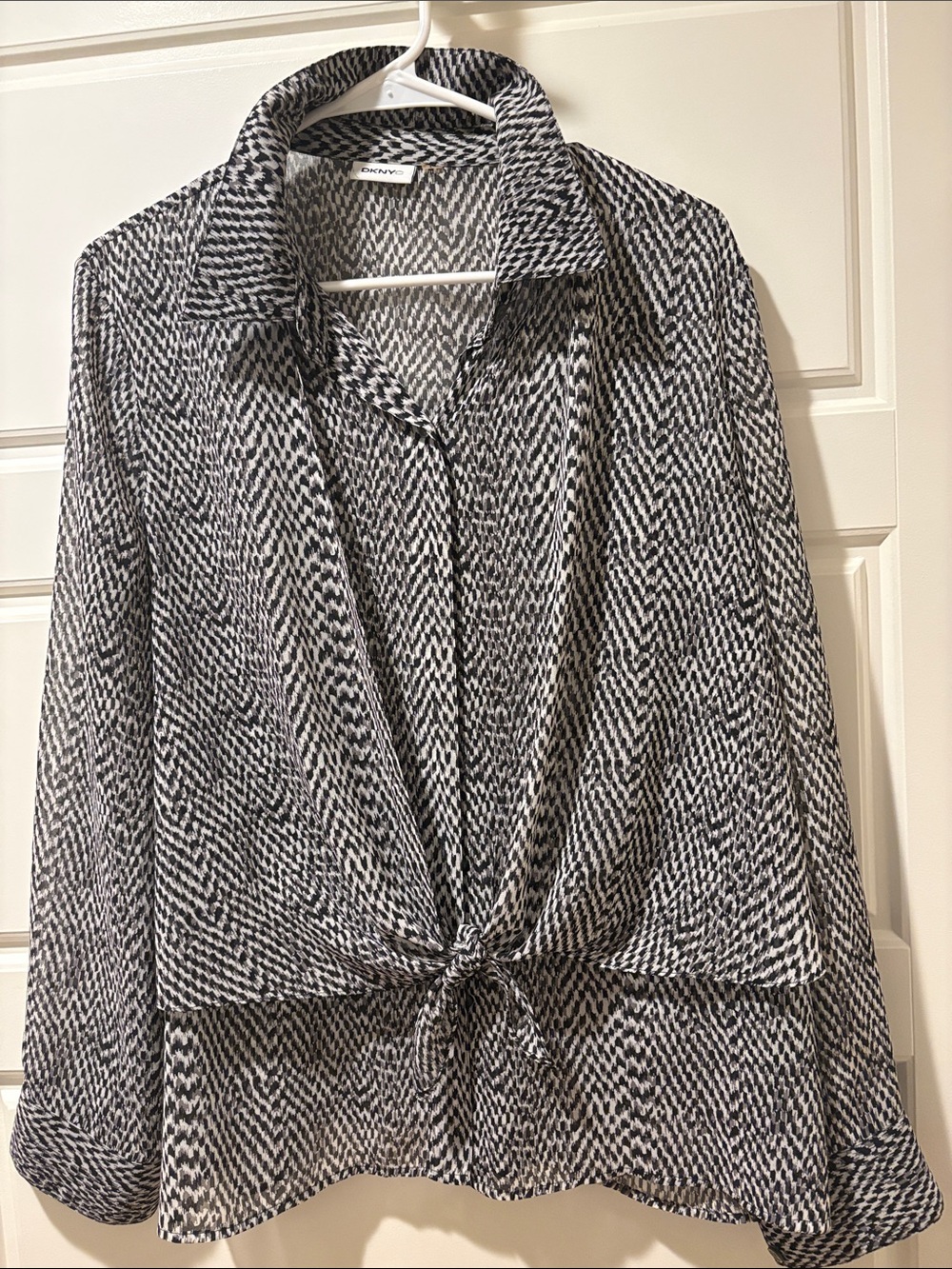 DKNY Blsck & White Sheer Long Sleeve Blouse with Front Tie (L)